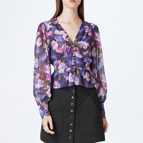 shirt 2021 autumn and winter dark pattern jacquard long-sleeved v-neck floral puff sleeve fashion all-match blouse women zibq, White